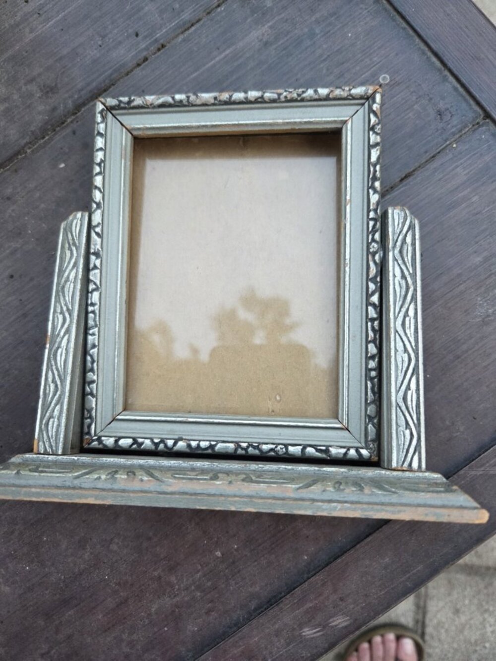Swivel Picture Frame 3x5 Ornate Carved Gray Wood Art Deco Tilt Back Tabletop